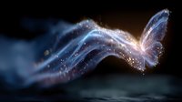 Glowing ethereal butterfly silhouette with luminous sparkles and light trails against dark background creates magical atmospheric effect for fantasy designs.