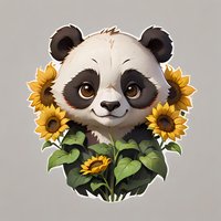 Adorable panda bear character with sunflowers, artistic digital illustration on gray background. Cute animal portrait for children's design and decoration.