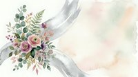 Watercolor floral arrangement with pink roses, eucalyptus leaves, and gray brushstrokes on soft pastel background. Suitable for wedding invitations, greeting cards, and design projects.