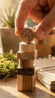 Hand placing wooden coin with tree symbol on stacked blocks representing growth, sustainability and environmental responsibility in warm natural light.
