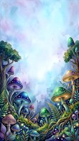 Enchanted forest scene with glowing mushrooms, magical toadstools, and lush foliage framing a dreamy pastel sky, perfect for fantasy illustrations and children's book designs.
