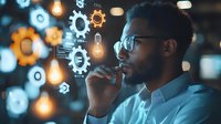 Young African American businessman in glasses contemplating innovative solutions, with glowing gear icons and light bulbs floating in dark background suggesting technology and ideas.