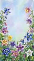 Watercolor columbine flowers frame in purple, blue, pink and yellow on soft pastel background with copy space for greeting cards.