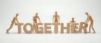 Wooden figures collaborating and pushing together word together, symbolizing teamwork, unity, cooperation, and collective effort for business success.