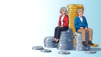 Senior couple sitting on stacks of coins representing retirement savings and financial planning for elderly people on isolated background.
