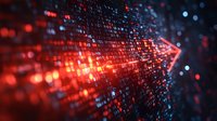 Digital red and blue glowing particles flow with arrow shape in dark space, representing data stream movement and technological advancement in cyberspace.