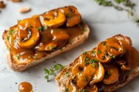 Grilled mushroom toast with caramelized sauce and fresh herbs on rustic bread, served on light textured background. Close up view of gourmet appetizer.