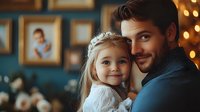Young Caucasian father in blue sweater embracing small daughter with flower crown against wall with family photos and warm bokeh lights creating cozy atmosphere.