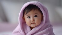 Asian baby wrapped in soft pink towel after bath, looking directly at camera with innocent expression and rosy cheeks against blurred background.