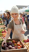 Smiling young Caucasian woman vendor in apron arranging fresh beets and vegetables at a sunny outdoor farmers market stall.