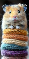 Adorable hamster sitting on stack of colorful yarn balls, close-up portrait showing fluffy fur, pink nose and bright eyes against dark background.