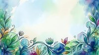 Watercolor floral border with colorful leaves and blooms on a soft blue-green background, offering copy space for text or design.