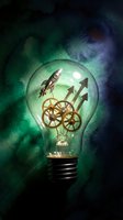 Light bulb with rocket, gears and arrows inside representing innovation, startup growth and creative business solutions on colorful smoke background.
