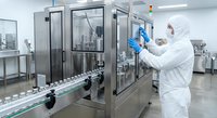 Pharmaceutical worker in protective suit operating automated bottling equipment in sterile manufacturing facility for medicine production.