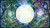 Mystical forest frame with glowing full moon center, enchanted trees and magical foliage border for fantasy designs and spiritual artwork.