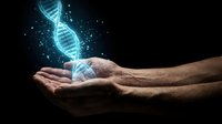 Glowing DNA double helix floating above cupped hands against dark background. Genetic engineering, biotechnology and medical research concept.