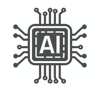 Minimalist microchip symbol with AI letters inside square processor design, surrounded by circuit paths and connection points on white background. Isolated element.