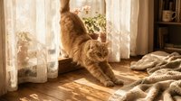 Ginger tabby cat stretching near sunlit window with sheer curtains in cozy home interior with wooden floor and knitted blanket.