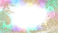 Whimsical fairy tale landscape with castle, cottage and magical tree on pastel watercolor background with copy space for text and design projects.