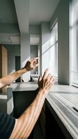 Male hands reaching toward sunlight streaming through window blinds in modern minimalist interior with dramatic shadows and natural lighting.