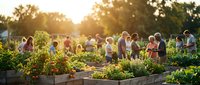 Community garden at sunset with diverse group of people tending raised beds and plants together, promoting urban gardening, sustainable living, and outdoor wellness activities.