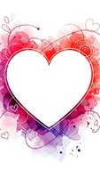 Watercolor heart frame with pink purple gradient splashes and decorative swirls for romantic Valentine design projects and love themed graphics.