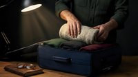 Mature man with light skin tone packing folded clothing into blue suitcase under warm lamp light, suitable for travel, luggage, packing, and lifestyle concepts.