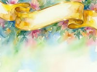 Watercolor floral background with golden ribbon banner on white space, featuring pink and yellow flowers with green foliage for greeting cards and invitations.