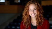 Young Caucasian woman with curly ginger hair and glasses wearing red sweater smiling cheerfully at camera. Natural lighting creates warm atmosphere for business portrait.