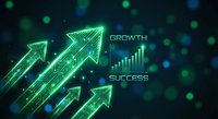 Digital circuit board arrows pointing upward with growth and success text on dark background with glowing green and blue bokeh lights for business presentations.