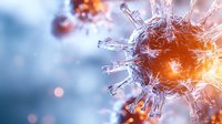 Microscopic virus particles with spike proteins floating in blue medical background for healthcare education and scientific research presentations.