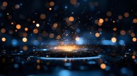Magical glowing particles with orange and blue bokeh lights floating over reflective dark surface creating mystical atmospheric scene with sparkles and light effects.