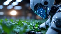 Futuristic robot examining green plants in laboratory setting, glowing particles illuminate robotic face mask while studying plant growth and development in modern facility.
