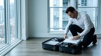 Young South Asian male professional in business casual attire organizing tools in black cases within modern high-rise office space with floor-to-ceiling windows overlooking cityscape.