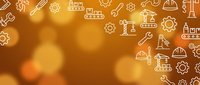 Industrial engineering icons on warm orange bokeh background with gears, tools, and manufacturing symbols for business presentations.
