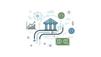 Banking and finance concept with money flow from institution to cash on white background for financial services design.