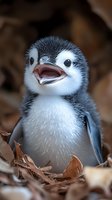 Adorable baby penguin chick with open beak sitting among brown leaves, showing white fluffy chest feathers and dark gray back in close-up nature photography.