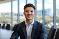 Young Asian businessman with confident smile wearing navy suit in modern office setting with glass windows and natural lighting. Professional corporate portrait.