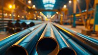 Industrial metal pipes in warehouse storage facility with dramatic lighting and perspective view leading into distance, highlighting industrial infrastructure and engineering.