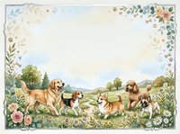 Watercolor dogs playing in meadow with floral border frame, pastoral scene with golden retriever, beagle, corgi and other breeds in countryside landscape.