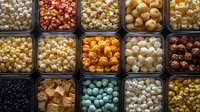 Variety of colorful popcorn flavors in black containers viewed from above, including caramel, cheese, chocolate and classic kernels arranged in rows for snack selection.