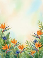 Watercolor tropical border with bird of paradise flowers in orange and blue, lush green leaves, soft pastel background with copy space.