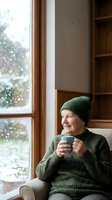 Senior Caucasian woman in green knit sweater and beanie enjoying hot beverage by window on snowy winter day, cozy home interior with wooden shelves.