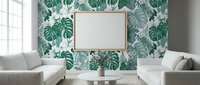 Modern living room interior with tropical monstera leaf wallpaper, blank frame mockup, white furniture and natural lighting for home decor design.