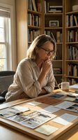 Mature woman with shoulder-length blonde hair and glasses, wearing a beige linen shirt, sits thoughtfully at a wooden desk surrounded by documents and photographs in a sunlit home library with floor-to-ceiling wooden bookshelves.