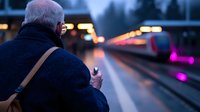 Senior man waiting alone on railway platform at dusk, holding smartphone with blurred train lights and purple illumination in background creating moody atmosphere.
