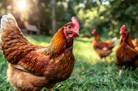 Brown chicken with red comb standing in green grass on sunny farm with other hens in background, natural organic poultry farming in outdoor setting.