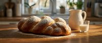 Fresh braided challah bread on wooden cutting board with milk pitcher in cozy kitchen setting for breakfast or baking concepts.