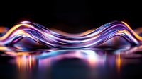 Glowing neon waves with vibrant purple, orange and blue light streaks create dynamic motion effect against dark background, reflecting on glossy surface.
