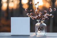 Small glass vase with number 50 holding delicate white flowers next to blank white cube on wooden surface against warm bokeh sunset background.